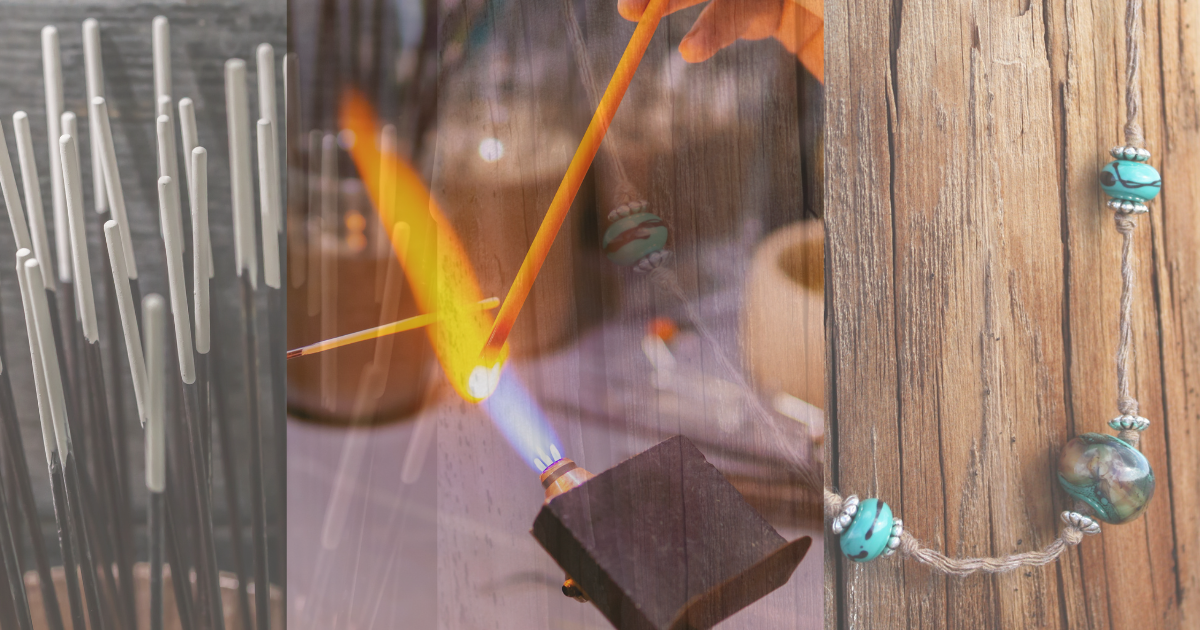 Collage of dipped mandrels, a lampwork bead being made at a torch, and a necklace of glass beads hanging.