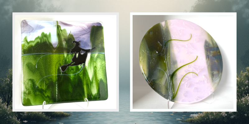 Two fused glass plates by Texas Glass Girls co-host Tanya Howell, one square plate in layered green glass with a black witch silhouette, and one round plate in pale lavender and green glass with flowing organic lines.