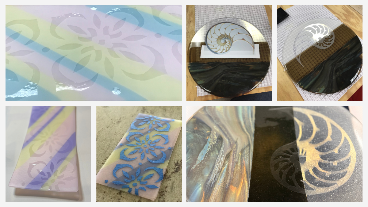 Collage showing stages of a fused glass art project including stencil design, glass assembly, kiln forming, and finished kiln-formed glass artwork.